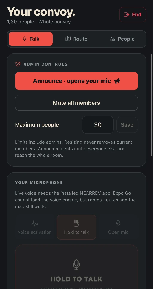 NEARREV Talk tab with organiser announcements, mute-all and microphone controls in the development build.